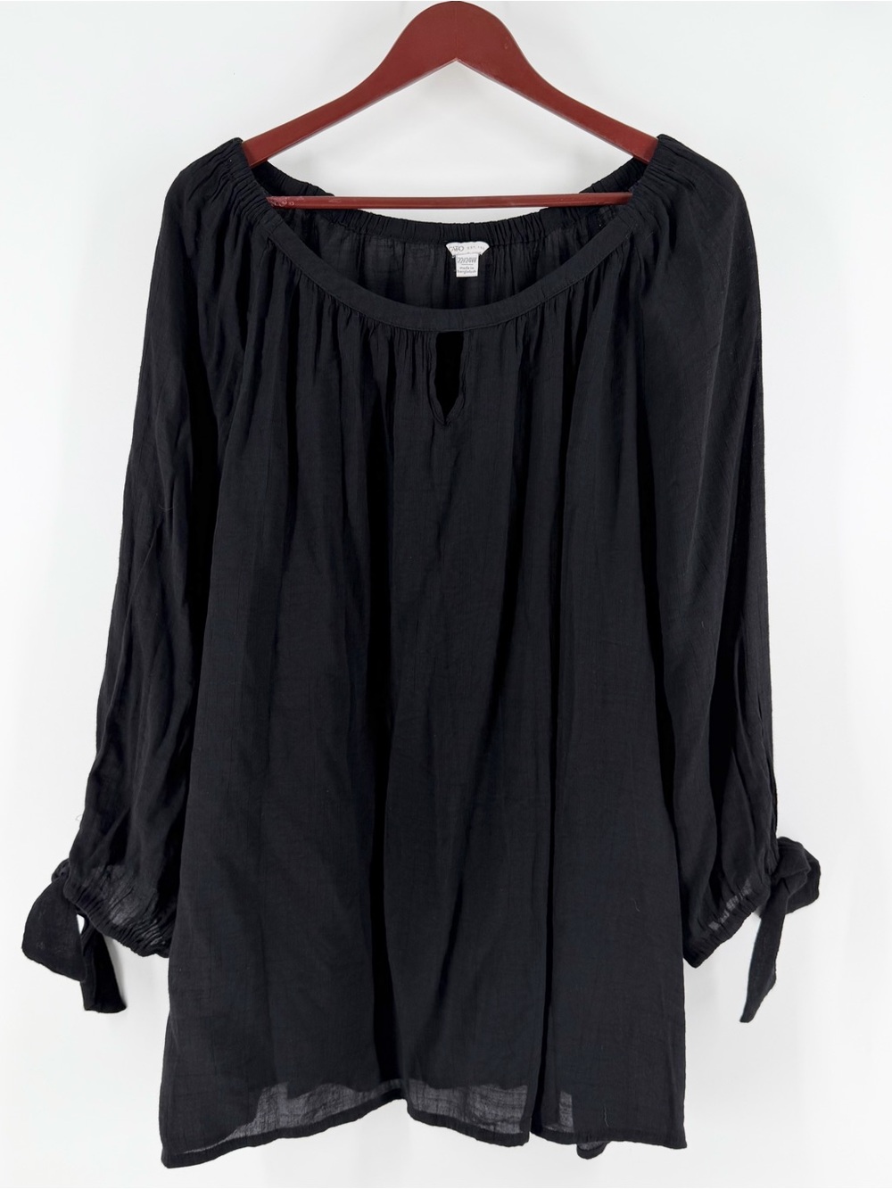 Cato Black Peasant Blouse Gauze Keyhole Tie Sleeve 22/24W Plus Size Boho Chic